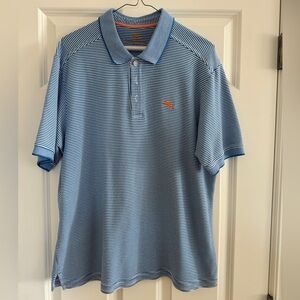 Men’s Tommy Bahama short sleeve polo shirt, blue/white stripe, size large, GUC